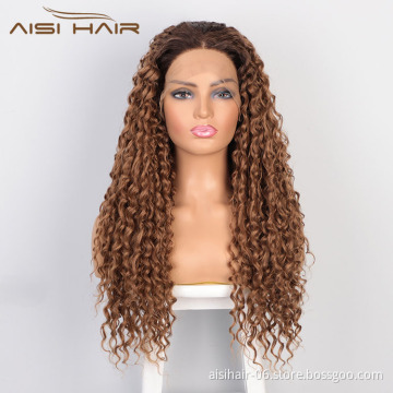 Aisi Hair 24 Inch Long Wavy Ombre Brown Wig Afro Kinky Curly Swiss Lace Wig Curly Wave Lace Frontal Hair Wigs For Black Women